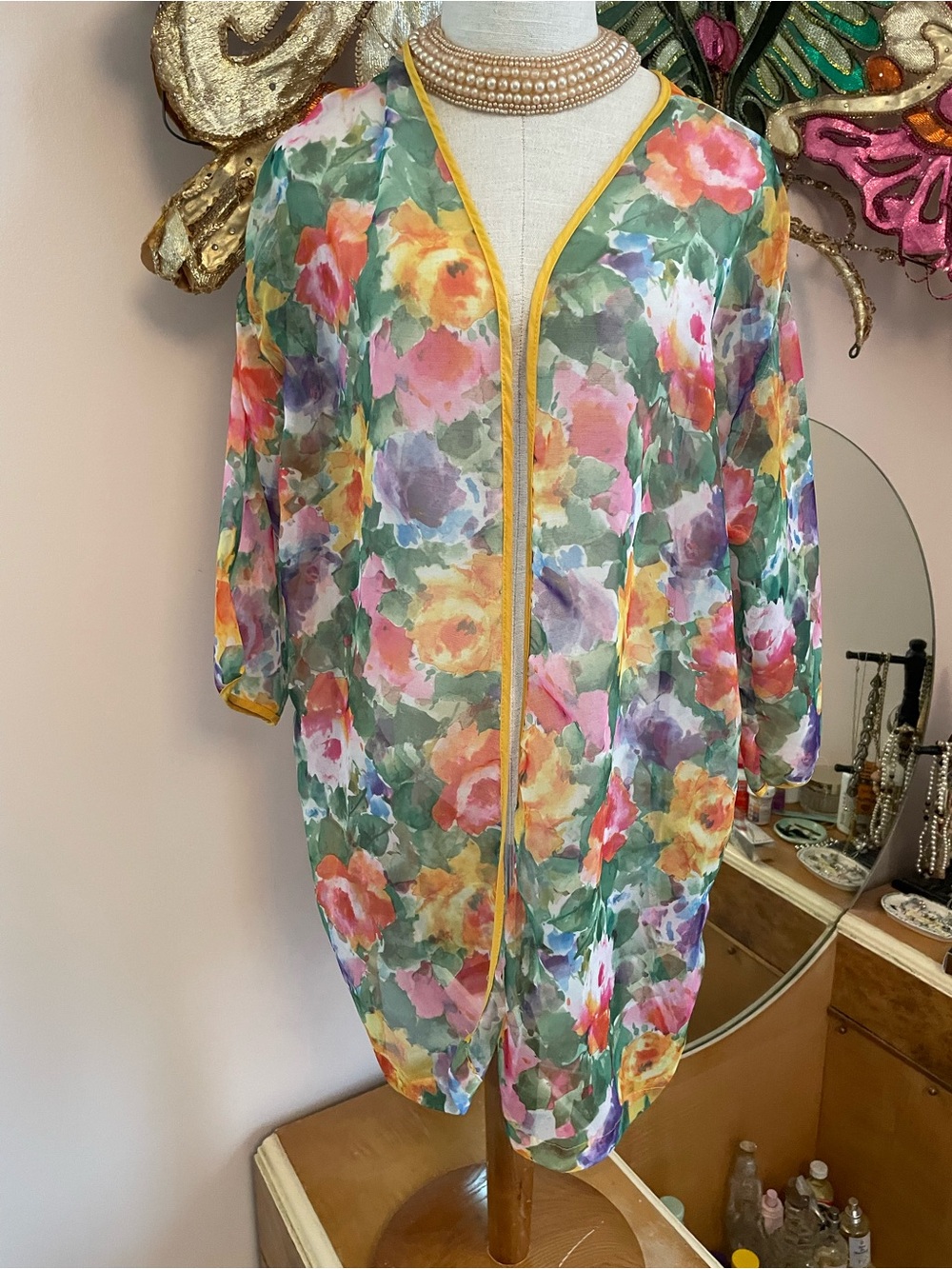 Vtg Floral Sheer Open-Front Women's Bathing Suit Cover Up USA Made one Size